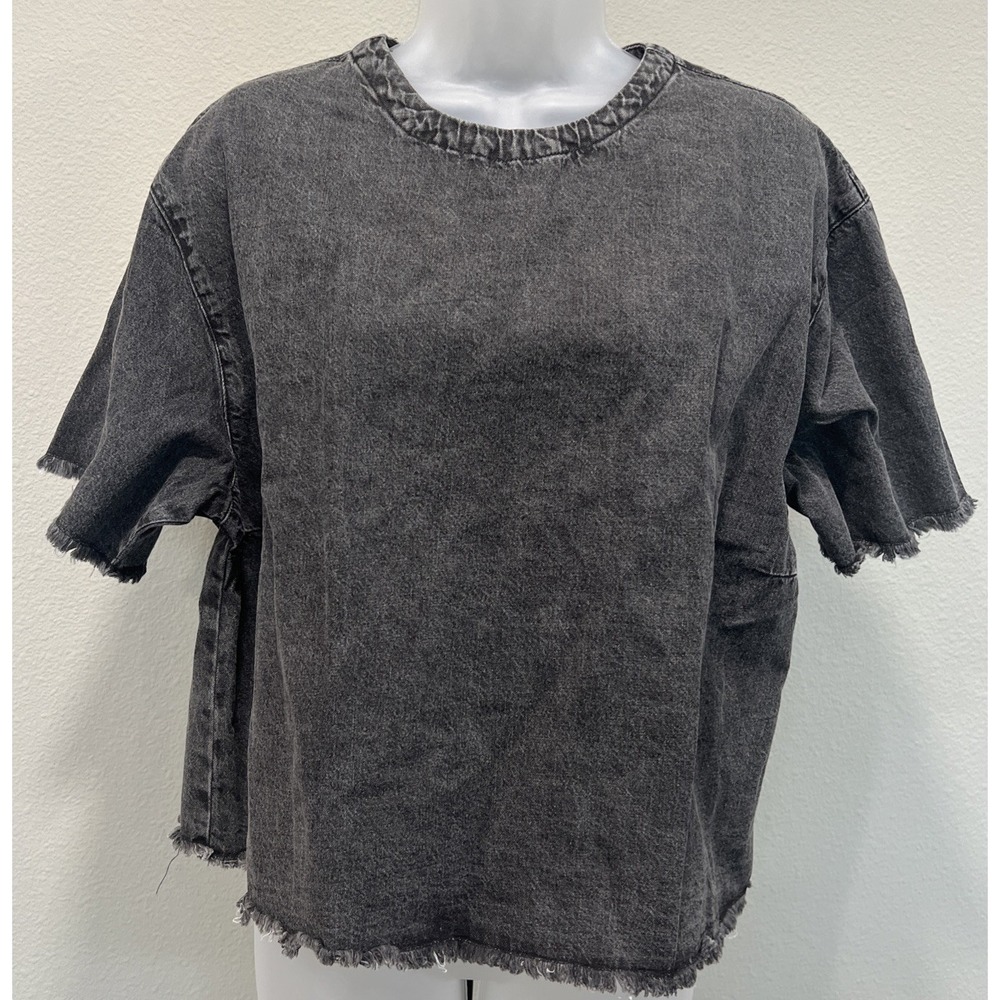 Wildfang Shirt‎ Womens Large Black Essential Denim Boxy Top  Distressed Raw Hem